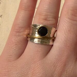Two-Tone Silver and Gold Ring with Black Stone